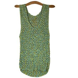 One of a Kind Hand Knit Crochet Sleeveless Blouse Tank Yellow and Green